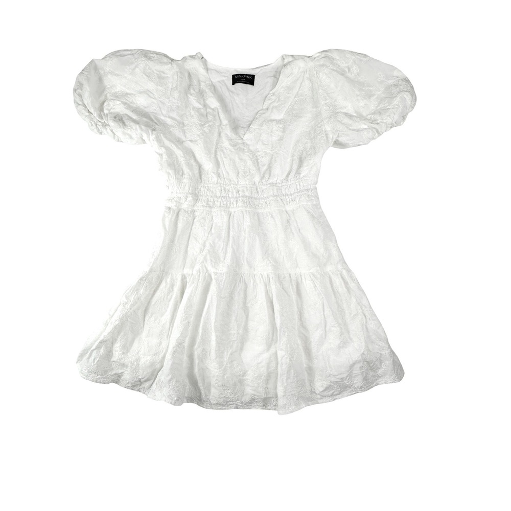 MINKPINK Mini Dress Womens Floral Embroidered Puff Sleeve Smocked White Medium‎